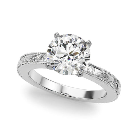 Platinum Round Solitaire Milgrain Engagement Ring with Filigree Band and Four-Prong Setting
