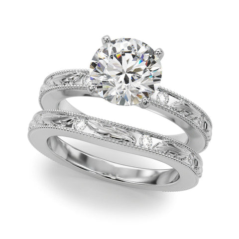 Platinum Round Solitaire Milgrain Engagement Ring with Filigree Band and Four-Prong Setting