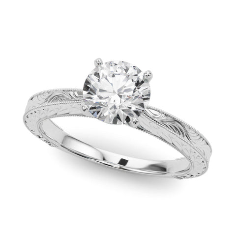 Platinum Round Solitaire Milgrain Engraved Band with Four-Prong Setting