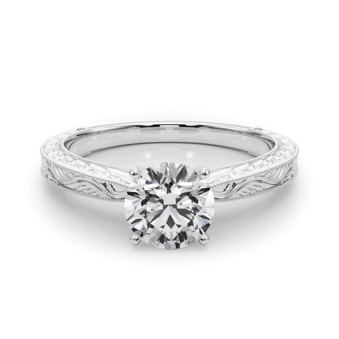 Platinum Round Solitaire Milgrain Engraved Band with Four-Prong Setting
