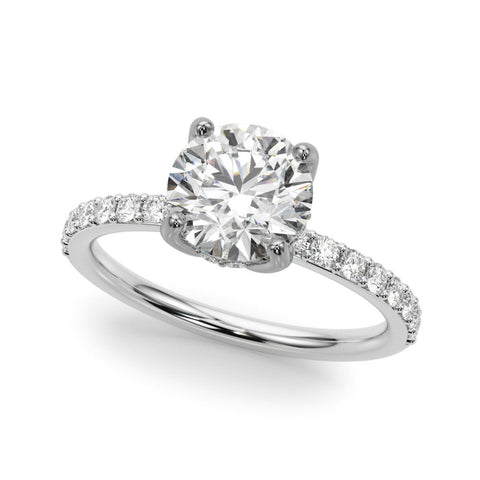 White gold Round Solitaire Pavé Diamond Engagement Ring with Four-Prong Setting