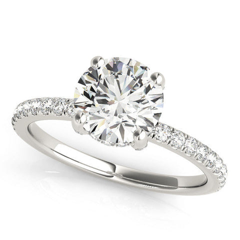 White gold Round Solitaire Pave Diamond Engagement Ring with Four-Prong Setting