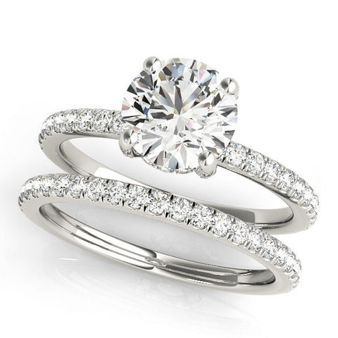 White gold Round Solitaire Pave Diamond Engagement Ring with Four-Prong Setting