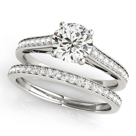 Platinum Round Solitaire Prong Set Diamond Engagement Ring with Pave Band
