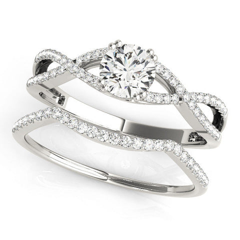 Platinum Round Solitaire Twist Band with Pavé Setting and Four-Prong Setting