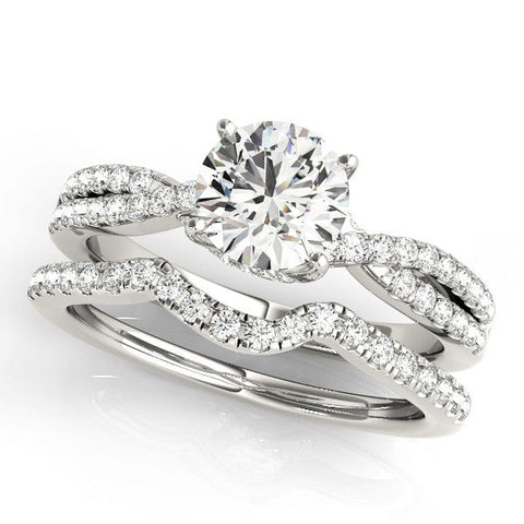 Platinum Round Solitaire Twist Pave Diamond Engagement Ring with Prong Setting