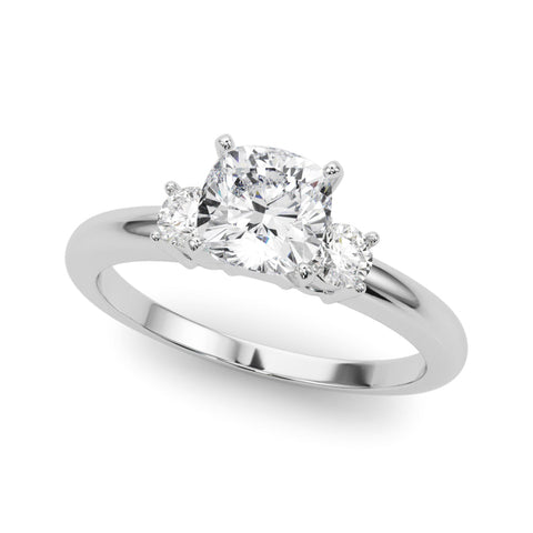 Platinum Three-Stone Cushion Cut Diamond Solitaire with Prong Setting and Classic Band