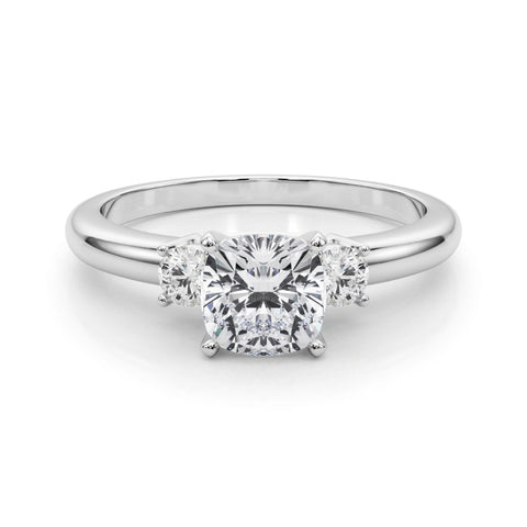 Platinum Three-Stone Cushion Cut Diamond Solitaire with Prong Setting and Classic Band