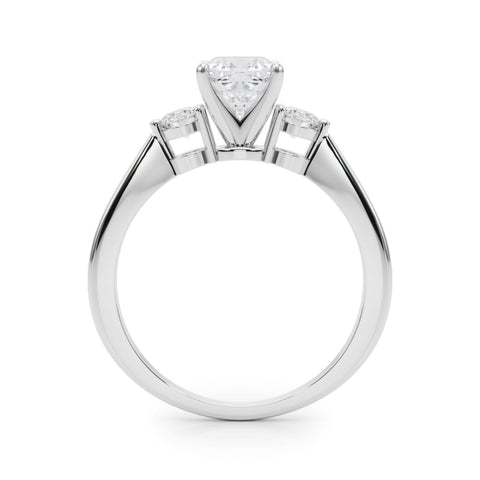 Platinum Three-Stone Cushion Solitaire Ring with Tapered Band and Four-Prong Setting