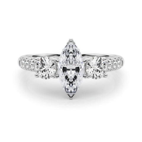 Silver Three-Stone Fancy Pink Marquise  Cut Diamond Pavé Band with Four-Prong Setting