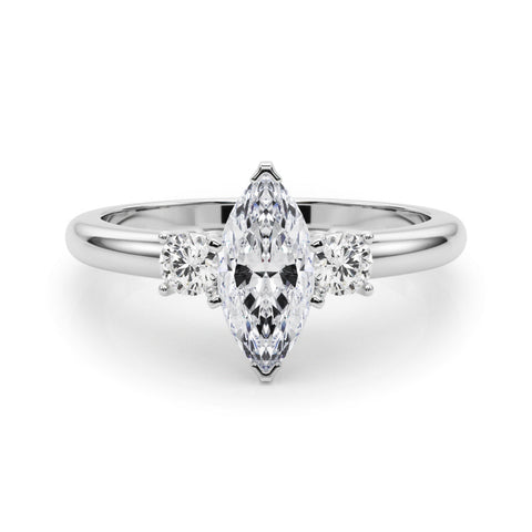 Platinum Three-Stone Marquise Cut Diamond Solitaire with Prong Setting and Classic Band