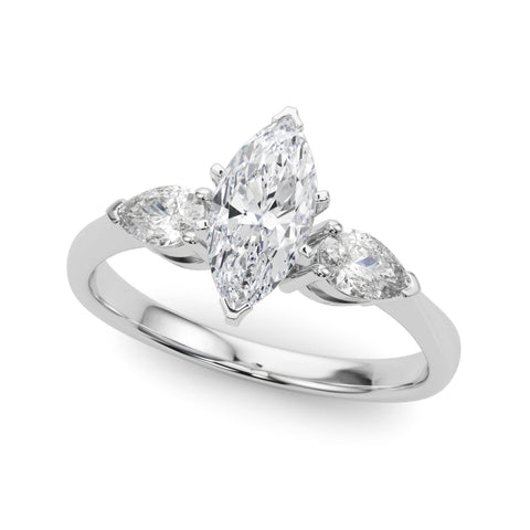 White gold Three-Stone Marquise Diamond Ring with Pear Side Stones in Four-Prong Setting
