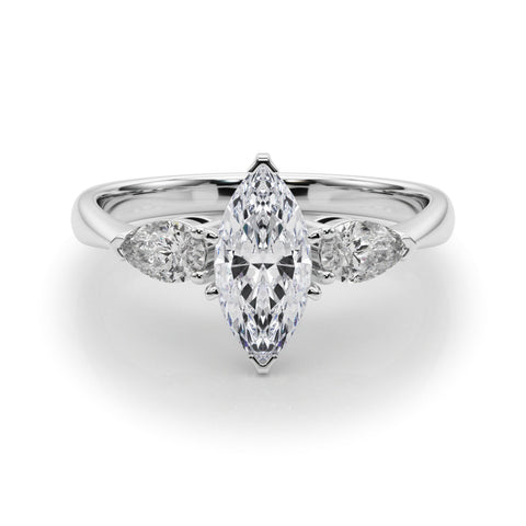 Platinum Three-Stone Marquise Diamond Ring with Pear Side Stones in Four-Prong Setting