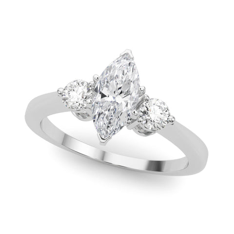 Platinum Three-Stone Marquise Solitaire Ring with Tapered Band and Four-Prong Setting
