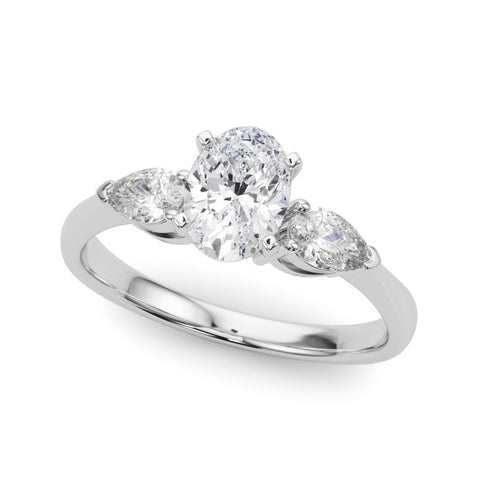 White gold Three-Stone Oval Diamond Ring with Pear Side Stones in Four-Prong Setting