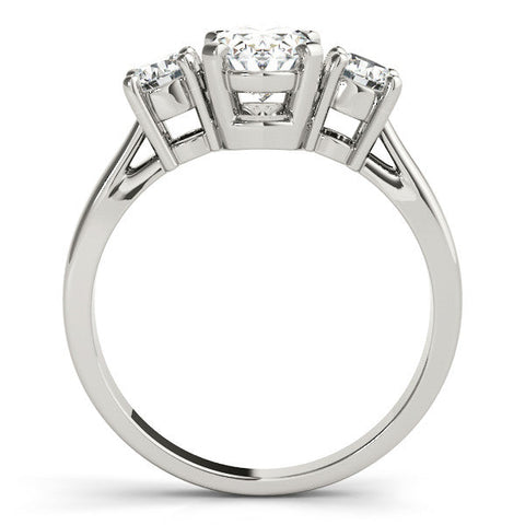 White gold Three-Stone Oval Diamond Ring with Round Side Stones, Classic Band, and Four-Prong Setting