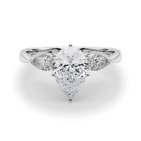 White gold Three-Stone Pear Diamond Ring with Pear Side Stones in Four-Prong Setting