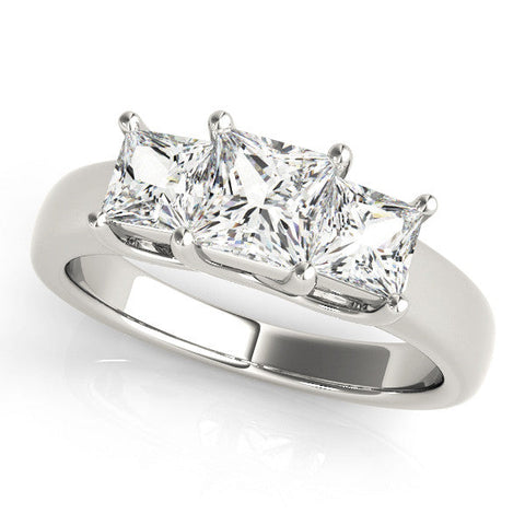 White gold Three-Stone Princess Cut Diamond Ring with Cathedral Band and Four-Prong Setting