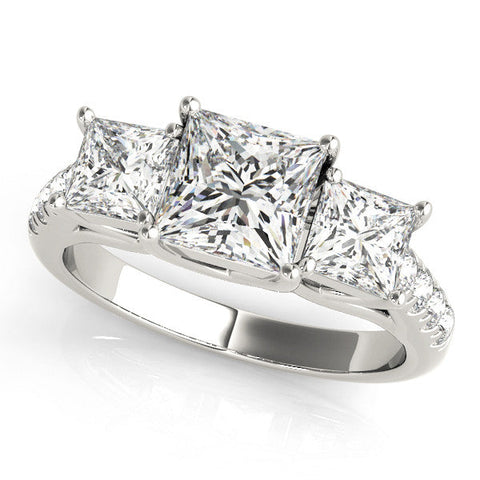 Platinum Three-Stone Princess Cut Diamond Ring with Pavé Band and Prong Setting