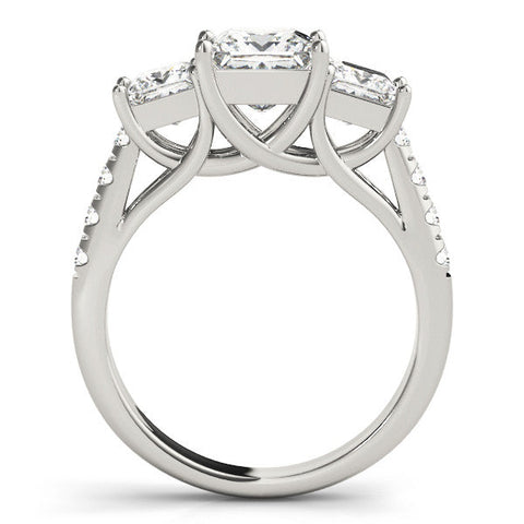 Platinum Three-Stone Princess Cut Diamond Ring with Pavé Band and Prong Setting
