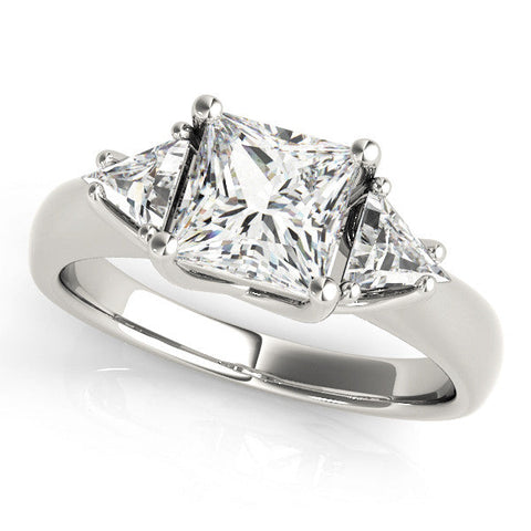 White gold Three-Stone Princess Cut Diamond Ring with Trillion Side Stones and Four-Prong Setting