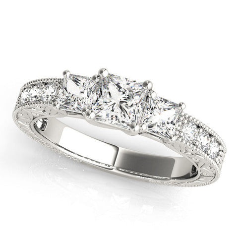 Platinum Three-Stone Princess Cut Milgrain Pavé Engagement Ring