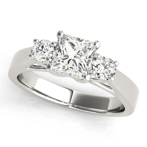 Platinum Three-Stone Princess Cut Solitaire Ring with Round Side Stones and Four-Prong Setting