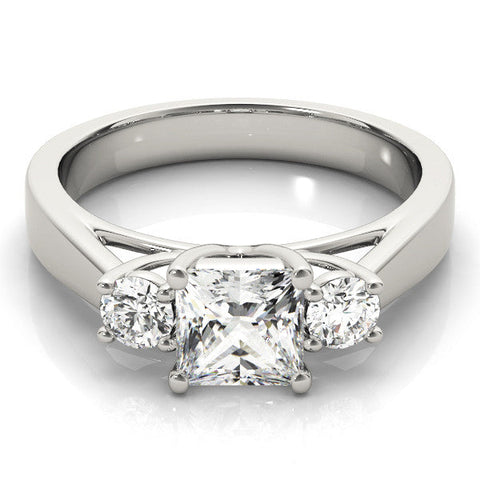 Platinum Three-Stone Princess Cut Solitaire Ring with Round Side Stones and Four-Prong Setting