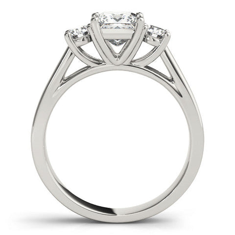 Platinum Three-Stone Princess Cut Solitaire Ring with Round Side Stones and Four-Prong Setting