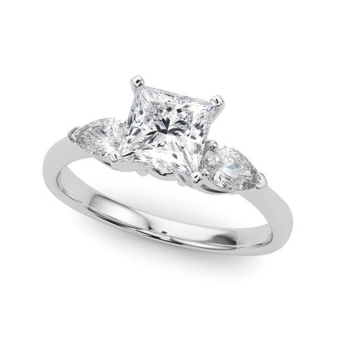 White gold Three-Stone Princess Diamond Ring with Pear Side Stones in Four-Prong Setting
