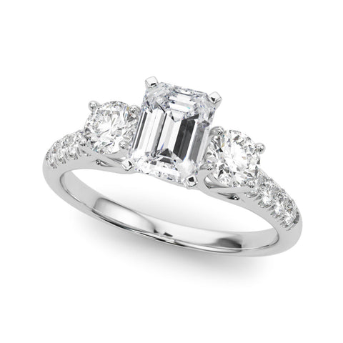 Platinum Three-Stone Fancy Blue Radiant  Cut Diamond Pavé Band with Four-Prong Setting