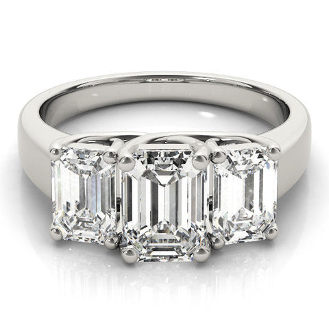 Platinum Three-Stone Emerald Cut Diamond Ring with Prong Setting and Classic Band