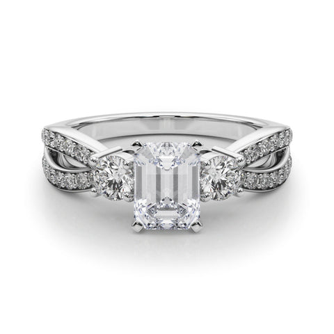 Platinum Three-Stone Emerald Cut Diamond Twist Band with Prong Setting