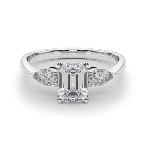 Platinum Three-Stone Emerald Diamond Ring with Pear Side Stones in Four-Prong Setting
