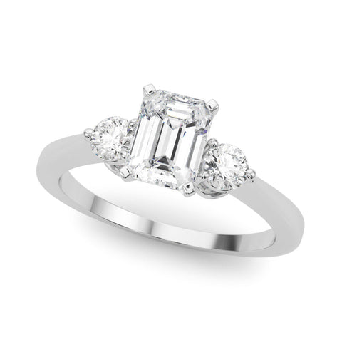 Platinum Three-Stone Emerald Solitaire Ring with Tapered Band and Four-Prong Setting