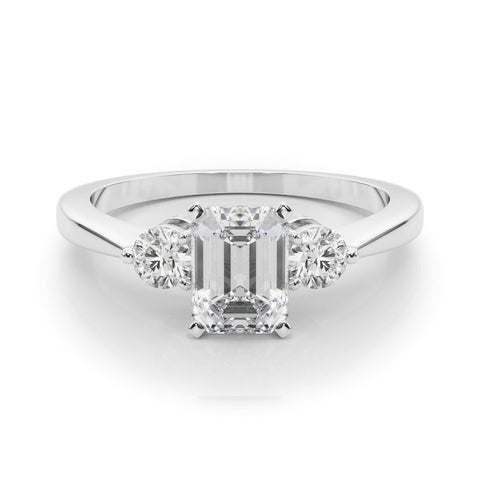 Platinum Three-Stone Emerald Solitaire Ring with Tapered Band and Four-Prong Setting