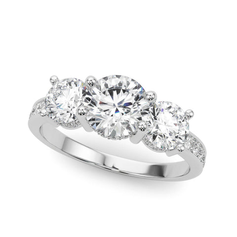 Platinum Three-Stone Round Cut Diamond Pavé Band with Four-Prong Setting