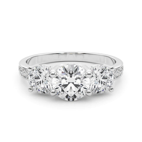 Platinum Three-Stone Round Cut Diamond Pavé Band with Four-Prong Setting