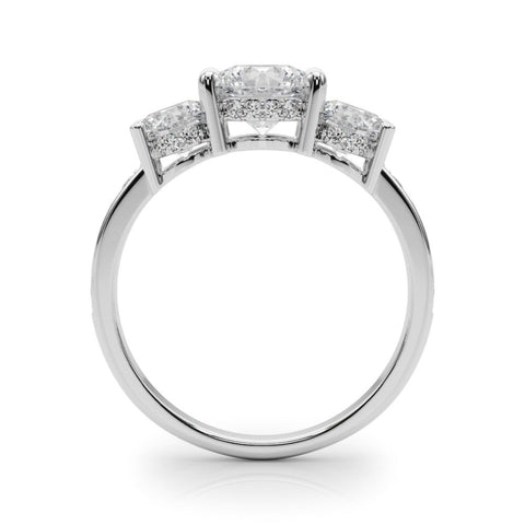 Platinum Three-Stone Round Cut Diamond Pavé Band with Four-Prong Setting