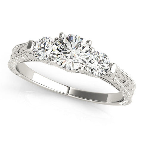 Platinum Three-Stone Round Cut Milgrain Band with Prong Setting