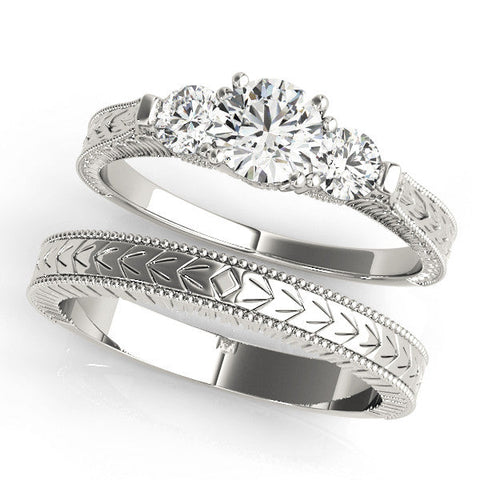 Platinum Three-Stone Round Cut Milgrain Band with Prong Setting