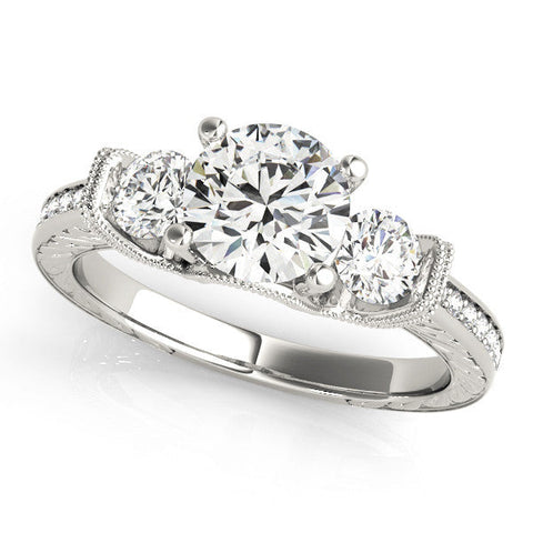 Platinum Three-Stone Round Cut Milgrain Pave Band Prong Setting Ring