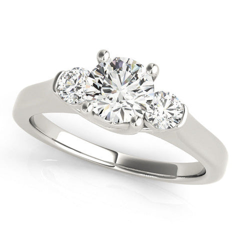 Platinum Three-Stone Round Cut Solitaire Engagement Ring with Prong Setting and Classic Band