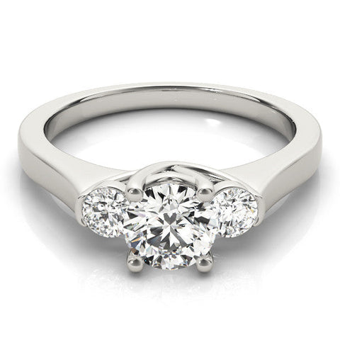 Platinum Three-Stone Round Cut Solitaire Engagement Ring with Prong Setting and Classic Band