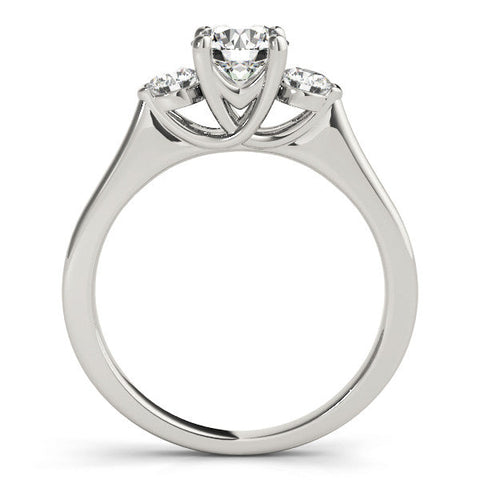Platinum Three-Stone Round Cut Solitaire Engagement Ring with Prong Setting and Classic Band