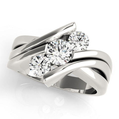 Platinum Three-Stone Round Diamond Crossover Band with Channel Prong Setting