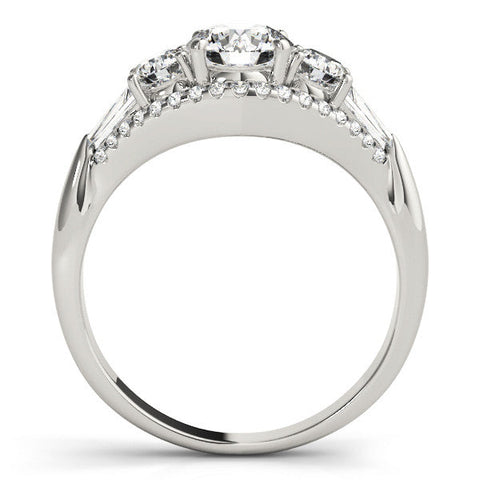 Platinum Three-Stone Round Diamond Engagement Ring with Pave Band and Prong Setting
