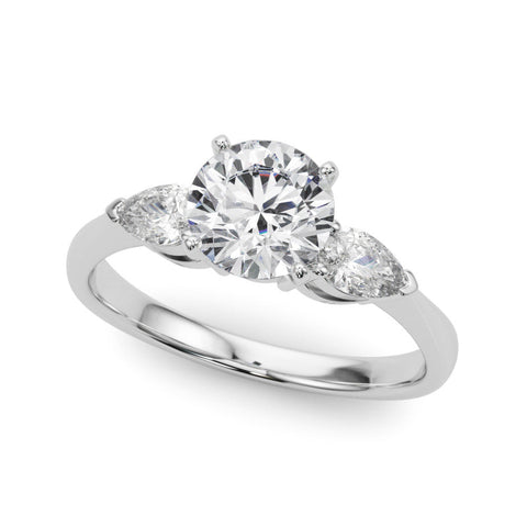 White gold Three-Stone Round Diamond Ring with Pear Side Stones in Four-Prong Setting