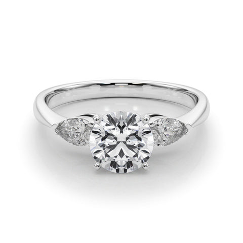 White gold Three-Stone Round Diamond Ring with Pear Side Stones in Four-Prong Setting