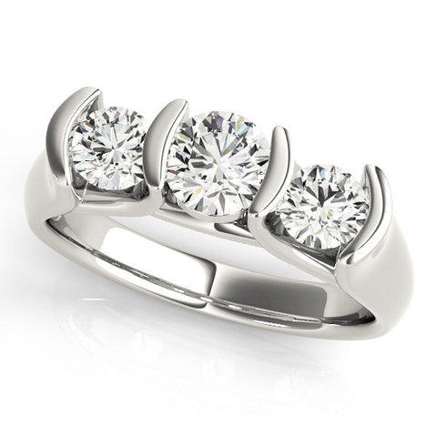 Platinum Three-Stone Round Diamond Trellis Engagement Ring with Channel-Set Band